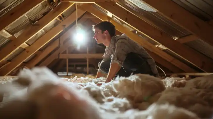 Man installs insulation in his attic