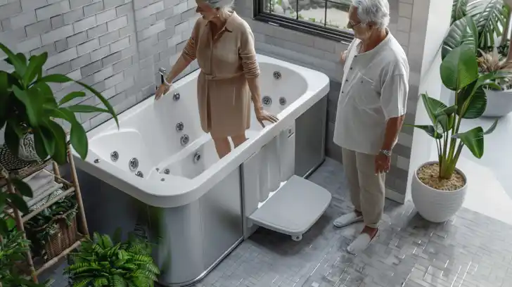 Senior couple examining their walkin tub.