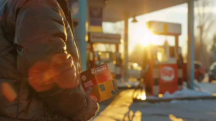 Man walking at gas station with rebate cards.