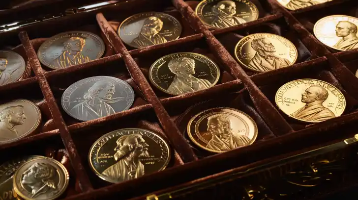 Gold coins in a velvet case.