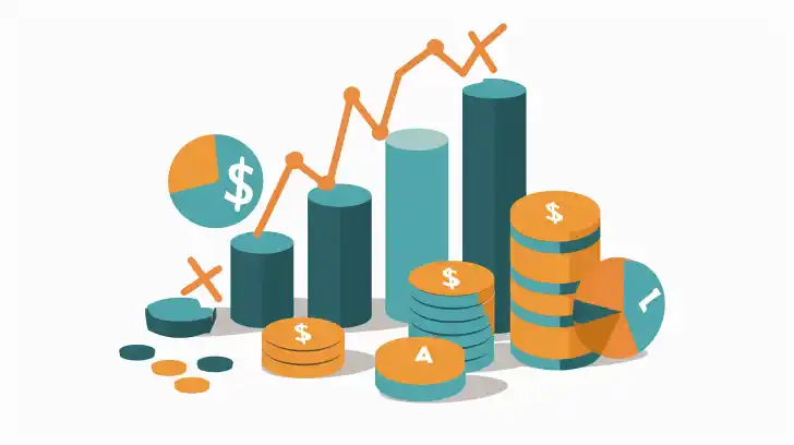 financial graphic of coins and charts