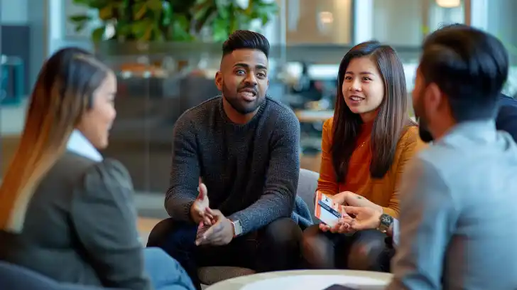 Young people talking about credit at a bank.