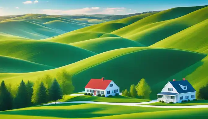 houses with green rolling hills graphic