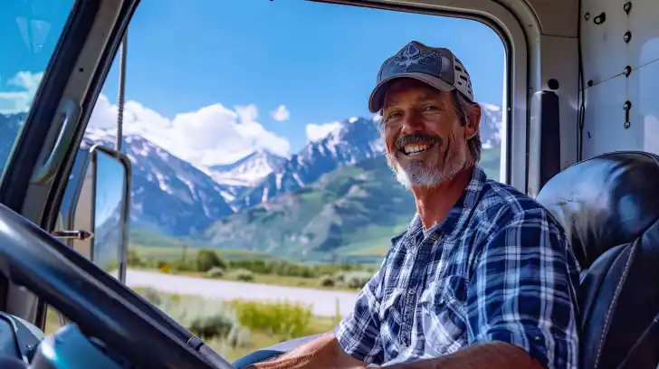 man driving truck with mountains in background