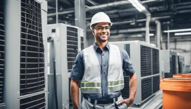 hvac repair technician standing with ac units