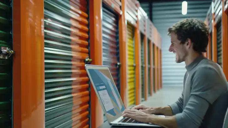 Man using a computer to search for storage units.