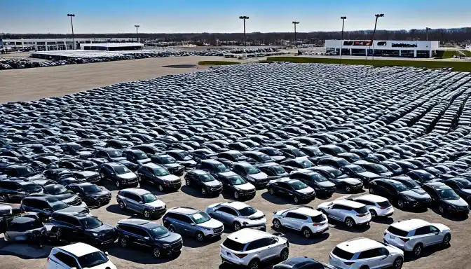 Large parking lot of unsold SUVs