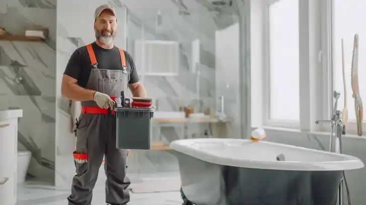 Plumber in bathroom with bucket