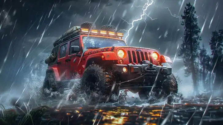 Jeep driving through stream in a storm.