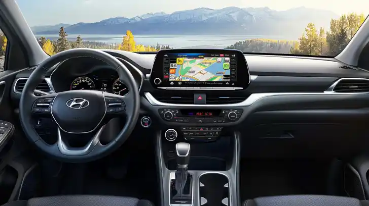 Sante Fe interior with view of mountain range through the windshield