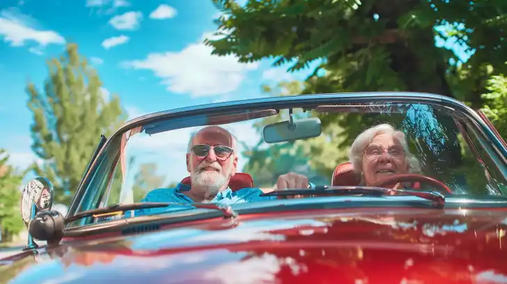 Seniors happy driving in a new car.