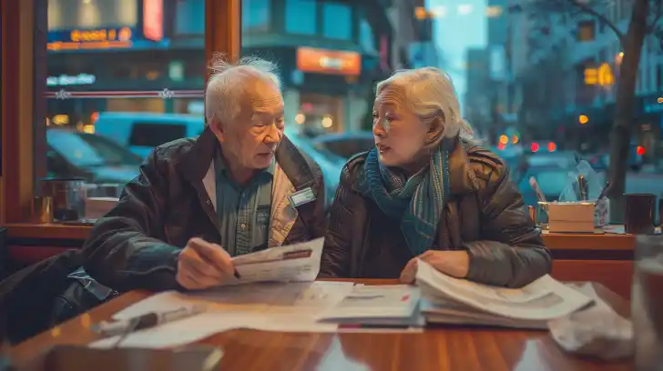 Elderly couple talking finances in a restaurant