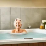 a happy senior soaking in a walk-in tub