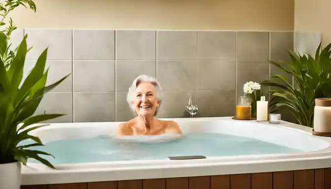 a happy senior soaking in a walk-in tub