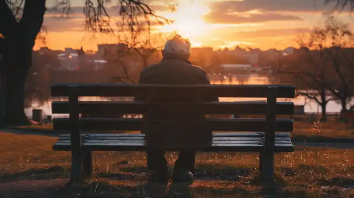 Elderly man sits alone on park bench.