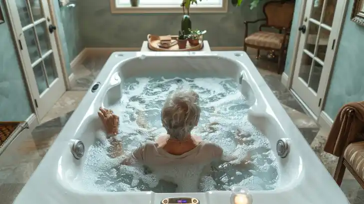 An elderly person sitting in a spacious bathroom with a walk-in tub.