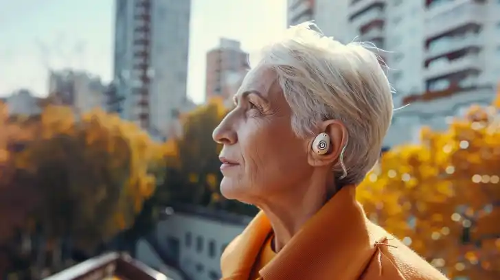 Senior woman outside wearing hearing aids.