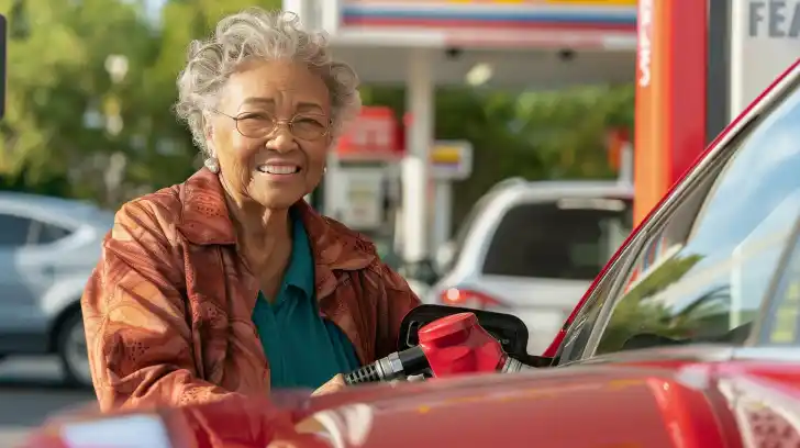 Senior woman pumping her gas.