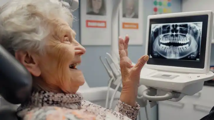 senior woman smiling with x-ray of her dental implants