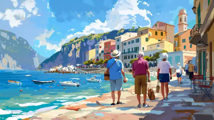 Seniors traveling in Europe, painting.