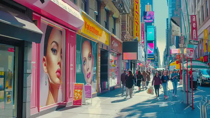 Busy street with stores advertising Botox treatments.