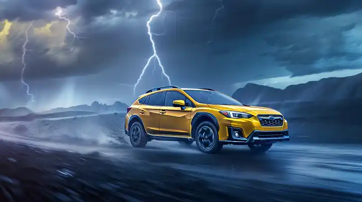 Subaru Crosstek driving during lightening storm.