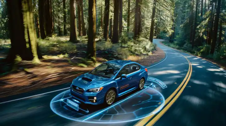 Cool blue Subaru driving through forest road