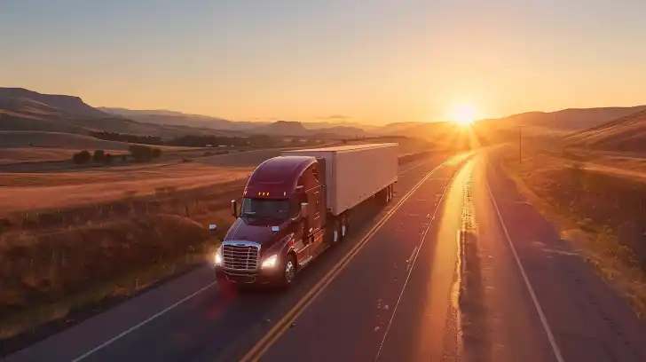 truck driving empty highway at sunset