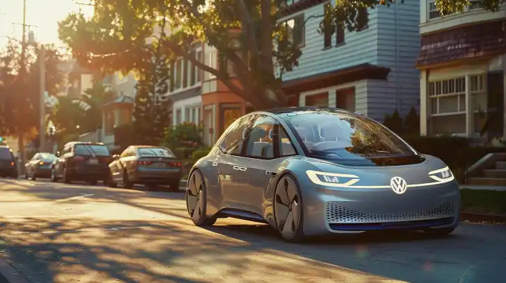 VW electric car on an urban residential street.