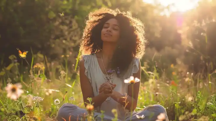 woman with beautiful hair sitting in a field of wildflowers