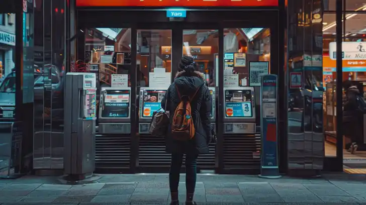 Woman stands in front of ATM machines