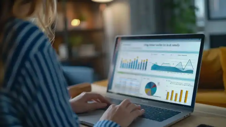 Woman researching financial information on her computer.